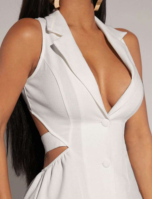 Button front tie backless mini dress